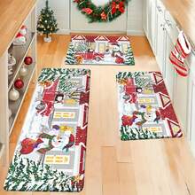 1/2/3 piezas Juego de alfombrillas de cocina navideñas acolchadas y antifatiga de 0.47 pulgada/1,2 cm de grosor - Diseño de muñeco de nieve y camión rojo navideño, alfombras de pasillo acolchadas, alfombrillas suaves de franela antideslizantes y resistentes a las manchas para dormitorio, sala de estar, comedor, baño y entrada