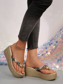 Giày sandal đế xuồng dày dặn đính đá lấp lánh kiểu dáng nghỉ dưỡng, chống thấm nước, màu vàng kim, nhẹ nhàng, tối giản, màu trơn, thích hợp cho nữ, phù hợp với trang phục mùa xuân hè. - Vàng - Xem 5