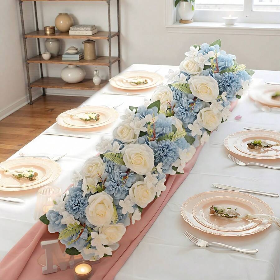 2 Pack Flower Centerpieces For Tables -Wedding Arch Artificial Flowers Blue Arrangements Center Piece For Reception, Living Room, Kitchen, Dining Table Runner Decorations - Baby Blue - View 1