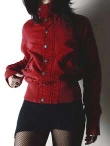 红色夹克，休闲街头风立领纽扣外套，时尚新年穿搭，Y2K美学，秋冬春季 - 紅色 - 查看 7