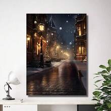 3 pièces Scène de rue enneigée moderne Toiles murales, Impression haute définition avec cadre en option, Convient pour les salons, chambres à coucher, salles de bain, bureaux, cafés, salles de sport, décorations de fête de famille, peintures murales de décoration de la maison, peintures murales de décoration de Noël, cadeaux idéaux pour les amis