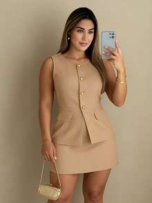 Women's Elegant Tailored Set, Vest, Shorts, Skirt - Beige - View 1