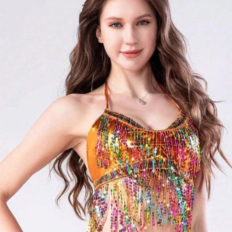 一件手工亮片流苏肚皮舞服装，含亮片裙，适合锐舞派对、嘉年华、歌手表演、露背街头夜店酒吧演出服。也适合节日、派对、夜生活、海滩装扮、波西米亚风、复古风、节日服装及配饰、纱丽风格。 - 彩色 - 查看 9