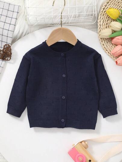 Infant Knitted Round Neck Perforated Solid Color Knitted Cardigan