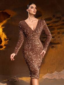 Formalna, dopasowana suknia wieczorowa z dekoltem w serek i odkrytymi plecami, z długim rękawem – elegancka sukienka na imprezy na czerwonym dywanie, eleganckie gale, formalne stroje dla gości weselnych, bale charytatywne, kolacje z wręczeniem nagród