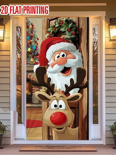 1pc Christmas Door Banner, Santa Claus Design, 35.4inX70.8in, Durable Polyester Material, Christmas Decoration, Christmas Theme Party Decor, Outdoor And Indoor Decoration, Ideal For Porch, Yard, Garage And Home