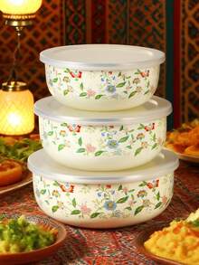 3pcs Enamel Food Storage Bowls, 12/14/16 Containers, Patterned Design Stylish With Lids, Multi-Functional Airtight Storage Containers, Serving Bowls For Soup, Salad, Lunch Box, Freezer , Suitable For Home Kitchen, Office, School, Outdoor Camping
