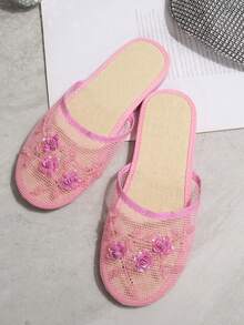 2025秋冬季女士花卉图案透气一脚蹬穆勒鞋/木屐 - 粉色 - 查看 7
