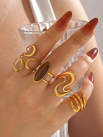 4 Stücke/Set Edelstahl Minimalistischer 18K Goldplattierter geometrischer Tigerauge Stein Linie offener Ring, geeignet für den täglichen Gebrauch von Frauen