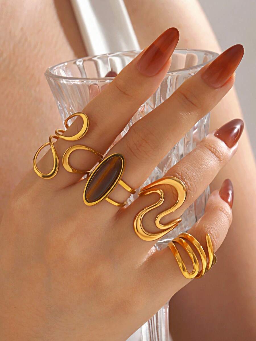 4pcs/Set Stainless Steel Minimalist 18K Gold Plated Geometric Tiger Eye Stone Line Open Ring, Suitable For Women's Daily Wear - Multicolor - View 1