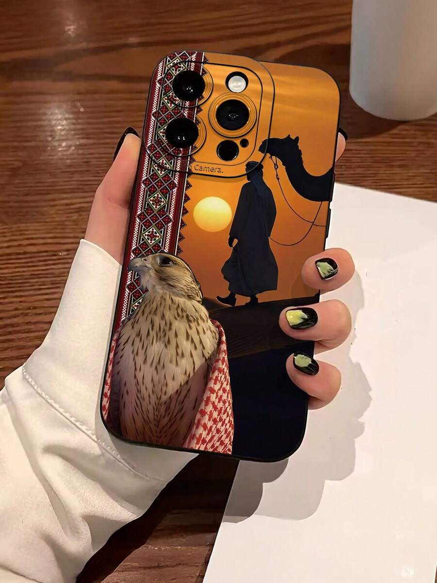 1pc Desert Style Patchwork Camel & Eagle Design Phone Case: Fashionable, Personalized, Soft Touch, Waterproof, Durable, Anti-Pollution, With Camera Protection. A Perfect Gift For Yourself, Family, Colleagues, And Loved Ones. Suitable For IPhone 17, 16, 15, 14, 13, 12, 11 PRO/PRO MAX/PLUS And Galaxy Series
