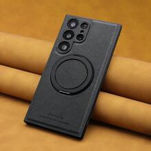 1pc Aunote High-Quality Luxury Litchi Grain PU Leather 360° Rotating Ring Holder Magnetic Protective Phone Case, Comfortable Surface, Smooth Rotating Ring Stand, Ideal For Streaming, Office, Photography, Supports Wireless Charging, Car Mount, Suitable Compatible With Samsung Galaxy S23 Ultra/S24 Ultra/S25 Ultra, Unisex Premium Gift - 黑色 - 查看 1