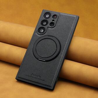  1pc Aunote High-Quality Luxury Litchi Grain PU Leather 360° Rotating Ring Holder Magnetic Protective Phone Case, Comfortable & Durable Surface, Smooth Rotating Ring Stand, Ideal For Streaming, Office, Photography, Supports Wireless Charging, Car Mount, Suitable For Samsung Galaxy S23 Ultra/S24 Ultra/S25 Ultra, Unisex Premium Gift