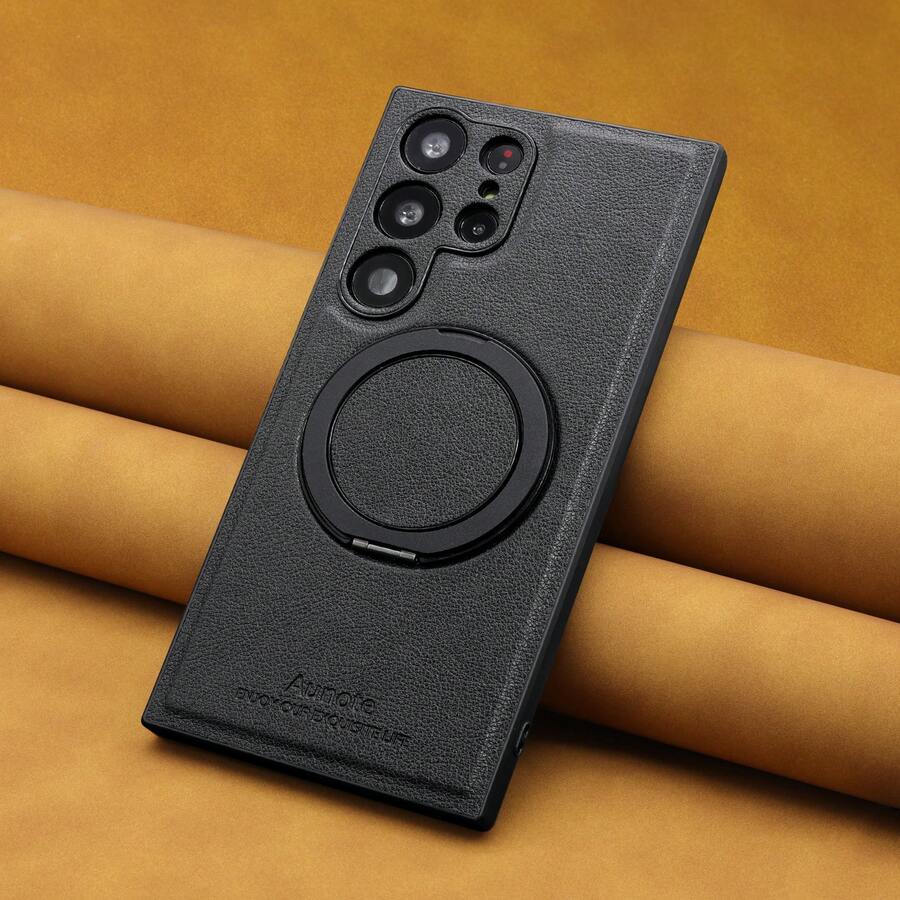 1pc Aunote High-Quality Luxury Litchi Grain PU Leather 360° Rotating Ring Holder Magnetic Protective Phone Case, Comfortable Surface, Smooth Rotating Ring Stand, Ideal For Streaming, Office, Photography, Supports Wireless Charging, Car Mount, Suitable Compatible With Samsung Galaxy S23 Ultra/S24 Ultra/S25 Ultra, Unisex Premium Gift - 黑色 - 查看 1