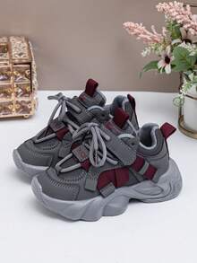Spring & Autumn New Kids Sports Shoes, Girls Comfortable Lightweight Hook And Loop Casual Chunky Sneakers, Boys Fashion Versatile Running Sneakers - Grey - View 3