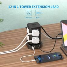 Tower Extension Lead, 2 Metres, (3250W 13A) Extension Tower With Night Light, Featuring 8 AC Sockets And 4 USB Ports. Surge-Protected Extension Lead With One Independent Switch At The Top. Suitable For Offices And Homes. Available In Grey-White Or Black-White.