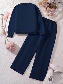 Left Mama 2pcs/Set Tween Girls Floral Print Thermal Lined Long Sleeve Top And Straight Pants Set, Autumn/Winter