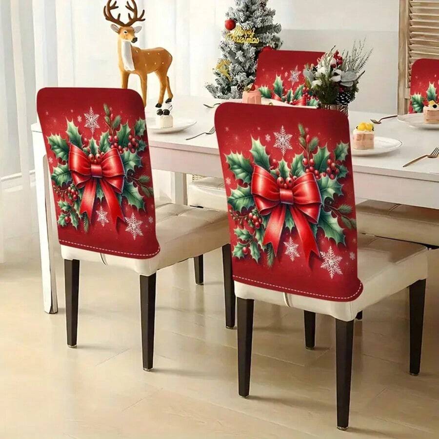 2 buc/4 buc/6 buc huse de scaun cu fundă roșie și imprimeu de frunze de ilex, fulgi de zăpadă, stil elegant, potrivite pentru toate anotimpurile, huse detașabile și lavabile pentru spătar, sufragerie, decor festiv pentru întâlniri - Multicolor - Vizualizare 1