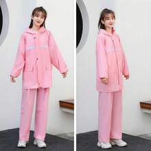 2pcs Women Outdoor Casual Cycling Raincoat + Pants Set, Waterproof Zipper Full Body Motorcycle Rain Gear With Double Visor & Pockets