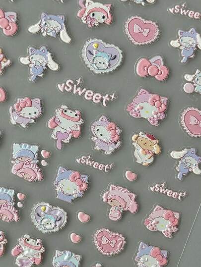 Sanrio Sanrio Hello Kitty, My Melody & Cinnamoroll Heart Assorted Nail Decals, 3D Embossed Self-Adhesive Decor For Women, Cute Cartoon Nail Art With Heart & Star Embellishments