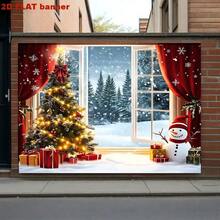 1 pieza de Fondo plano 2D de Navidad. Diseño de fondo con árbol de Navidad, muñeco de nieve y ventana de piso a techo. Tela de poliéster duradera, adecuada para decoración de pared interior, fondo de fotografía, decoración navideña exterior, estudio fotográfico, decoración de fiesta interior