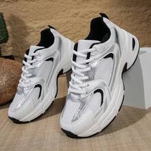 American Retro Contrast Color Running Shoes, Mesh Breathable, Thick Bottom Cushioning, Campus, Street, Daily Wear Template, Running Shoes To Grasp The Relaxation Feeling, 5cm High Casual Shoes - 黑色 - 查看 2