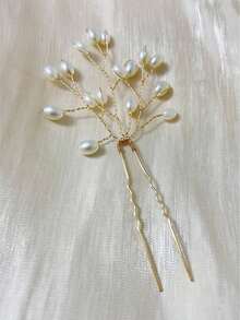 1pc Bridal Hair Accessory Handmade Faux Pearl Hair Fork, Elegant French Vintage Hair Clip, Metal Hair Pin, Beautiful Headpiece Perfect For Wedding And Party Tiaras - 金子 - 查看 5
