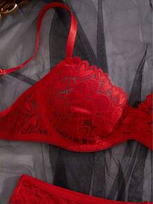 Women's Solid Color Lace Spaghetti Strap Sexy Lingerie Set - Red - View 5