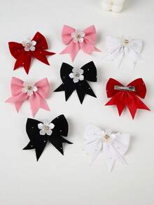 8pcs/Set Girls Plush Rhinestone Bow Hair Clips, Cute Hair Accessories Barrettes For Daily Use, Pink/White/Red - Multicolor - View 2
