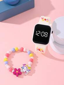 2 款女孩款独角兽蝴蝶美人鱼时尚百搭儿童手表。适合学生时尚学习用品。方形 LED 手表，价格实惠，适合返校季。手链式数字电子手表和串珠独角兽蝴蝶美人鱼手链。