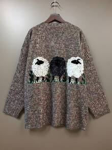 Áo len dệt kim cổ tròn thoải mái cho nữ cỡ lớn, tay dài trễ vai, họa tiết in hình cừu dễ thương, kiểu dáng áo chui đầu vừa vặn, phù hợp cho mùa thu đông - Màu xám đen - Xem 3