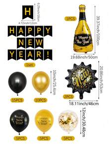 44件組 2026跨年派對氣球裝飾套裝，黑金色新年快樂橫幅、紅酒瓶、金色亮片氣球，適用於2026新年派對、聖誕裝飾、新年主題、生日 - 黑金色 - 查看 2