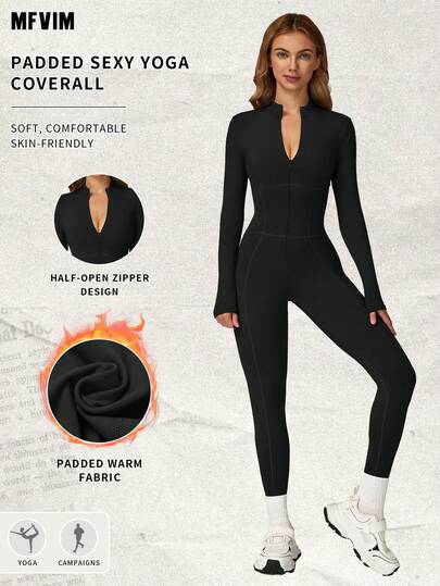 MFVIM Black Slim Fit Thermal Jumpsuit, Comfortable & Casual For Outdoor, Yoga, Gym, Running And Workout, Versatile For Autumn/Winter