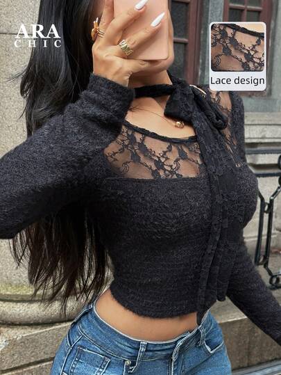 ARA CHIC Black Striped Lace Camisole, Slightly Sheer Effect, Showcases A Pure And Charming Style, Fitted Long Sleeve Top, Suitable For Dates And Office Occasions, Spring New Arrival