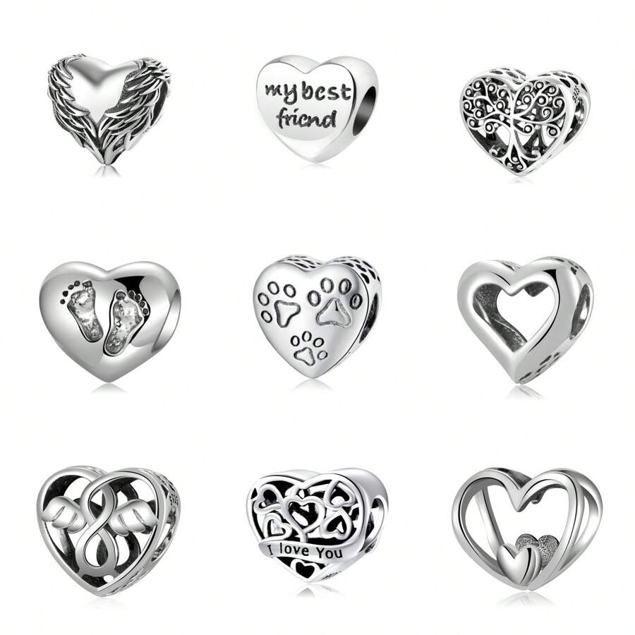 1 pièce Pendentif DIY en argent sterling S925 minimaliste avec zircone, cœur creux, arbre de vie, ailes d'ange, empreinte de patte. Convient pour le port quotidien des femmes/filles, cadeau d'anniversaire/fête