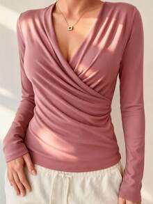Camiseta feminina de lã quente com decote em V e manga comprida, elegante, casual, slim fit, rosa, outono/inverno - Rosa Cinza - Ver 4