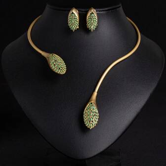 3pcs/Set Golden/Multi-Color Available, Fashion/Elegant Women Choker Necklace/Open Choker/Cubic Zirconia Inlaid, Leaf Shaped, Earrings, Choker, Jewelry Set/Choker/Gift