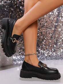 秋冬女士平底乐福鞋，英伦风黑色皮革一脚蹬复古莫卡辛鞋 - 黑色 - 查看 3