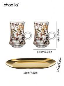 choxila 3件套茶杯碟套装，花叶图案玻璃盘碟套装，咖啡杯，茶杯，水杯，奶茶杯，带把手杯，金色托盘，小吃托盘，甜点托盘，适用于家庭、餐厅、斋月、宰牲节 - Cup - 查看 7