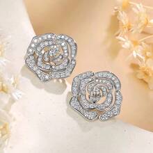 1 Pair Romantic Flower Cubic Zirconia Stud Earring ,Saretes Elegantes For Women For Wedding Engagement Anniversary Party Jewelry Valentine's Day Gift Valentines - 銀色 - 查看 8