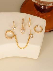 5pcs Elegant Cubic Zirconia Teardrop Pendant Necklace Chain Pierced Earrings Set, Multi-Layer Stacking Earrings For Women, Daily, Party, Holiday Gift