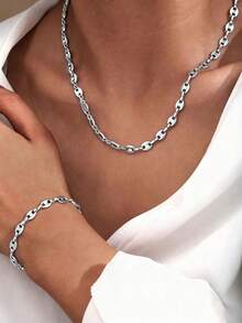 1pc Men Stainless Steel Simple Coffee Bean Pendant Necklace And Bracelet Set, Fashionable Daily Outfit - Silver - View 4