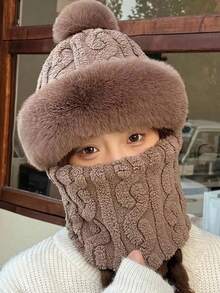 1pc Women's Autumn And Winter Plush Pullover Hat, Outdoor Cycling Warm And Windproof Face Mask, Integrated Neck Hat, With Plush Ear Protection And Wrapped Head For Warmth Winter Warm