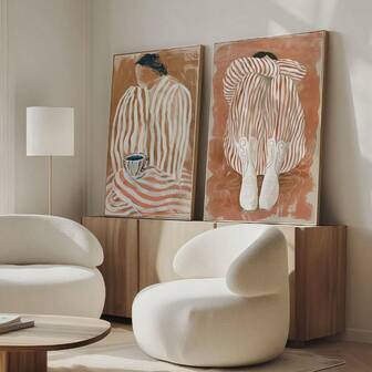 2pcs Abstract Woman With Coffee Cup Stripe Print, Minimalist Kitchen Wall Art, Boho Geometric Painting, Coffee Lover Poster, Western Cowgirl Boots Art, Modern Wall Decor, Canvas Art For Living Room, Bedroom, Cafe, Dorm, Home And Room Decoration