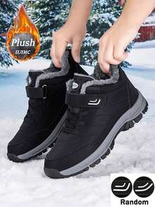 Winter Plush Lined Snow Boots For Dad And Mom, Warm And Non-Slip Casual Shoes For Elderly, Comfortable And Lightweight With Soft Cushioning, Hook And Loop Shoelaces, Black And Gray, Suitable For Daily Wear, Walking, Outdoor Hiking, And Snow Activities In Cold Winter Weather