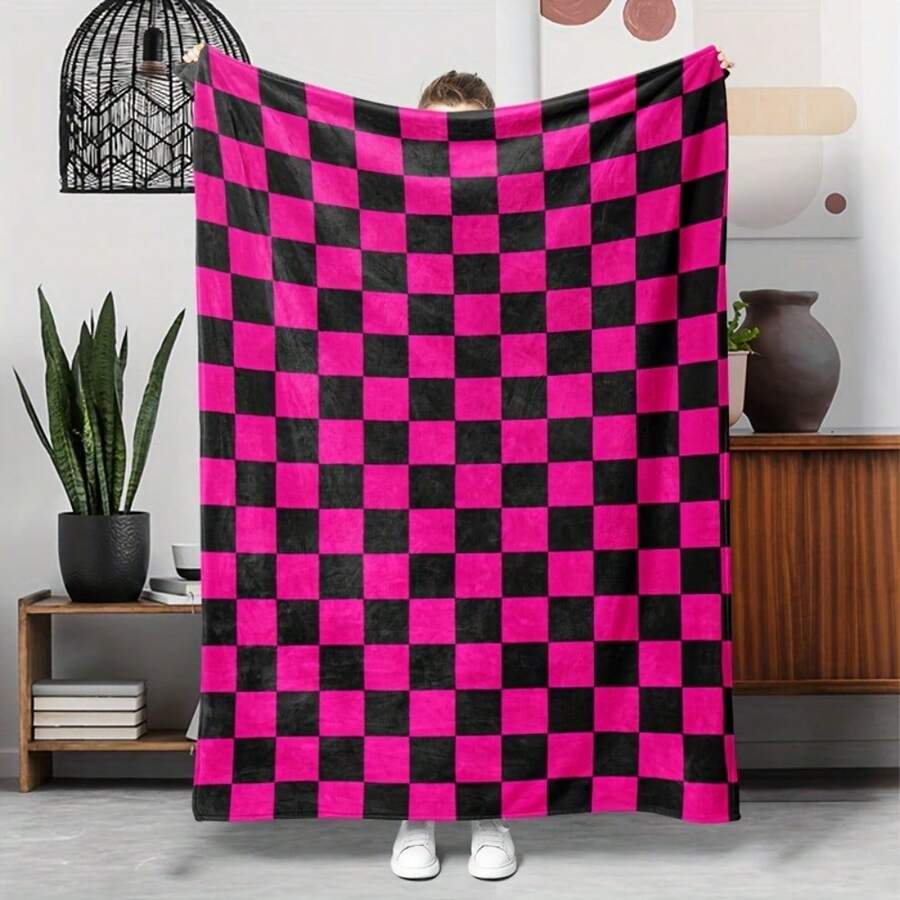 1pc Pink & Black Plaid Flannel Blanket - Tear-Resistant, Hypoallergenic Polyester Throw For Home, Office, Camping, And Travel - Perfect Gift For Family & Friends, Cozy - As the Picture - View 1