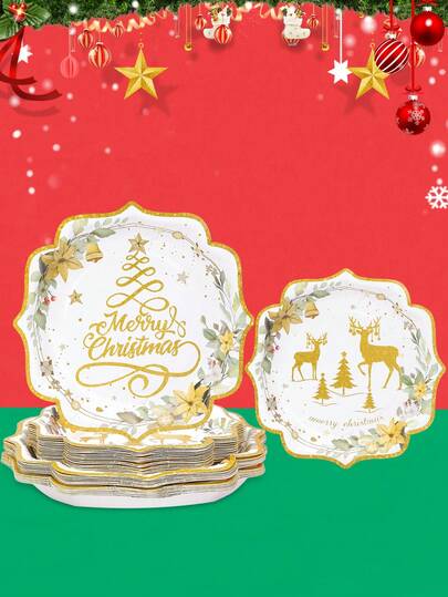 10 pezzi/20 pezzi/50 pezzi Piatti di carta per feste di Natale da 7 pollici e 9 pollici, piatti da dessert natalizi con bordo ondulato, eleganti piatti da pranzo bianchi e dorati con motivi natalizi come alberi e renne, per feste e eventi invernali e natalizi