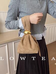low tea 1pc Solid Color Suede Fabric Handbag For Women, Personalized Mini Cloud Pleated Bag With Metal Decor Zipper Closure, Suitable For Daily And Outing Use - Khaki - View 5