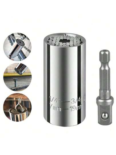 Chrome Steel Universal Socket Set - Fits 1/4"-3/4" & 7-19mm Nuts/Bolts, Works With Power Drills & Ratchet Wrenches. Professional Socket Set: Universal Fit For Standard & Metric Sizes (1/4"-3/4", 7-19mm) With Drill/Ratchet Adapters.