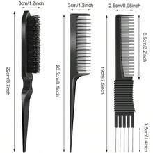 3 Pieces Pick Teasing Combs Hair Brush Set Includes Black Carbon Lift With Metal Prong, Triple Pin Rat Tail Comb, Nylon Bristle Hair Brush WomenBlack And Red,Hair Tools,Hair Items,Travel Essential,Travel,Barber,Hairstylist,Barber Accessories,Valentine's Day,Hair Supplies,Hair Stylist,Barbershop,Salon,Vacation Essentials,Hair Products,Barbershop,Valentine's Gift,Travel Essentials For Women,Hair Stylist Tools - Black - View 3